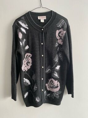 Vintage Black Cardigan with Pink Rose Intarsia and Pearl Buttons